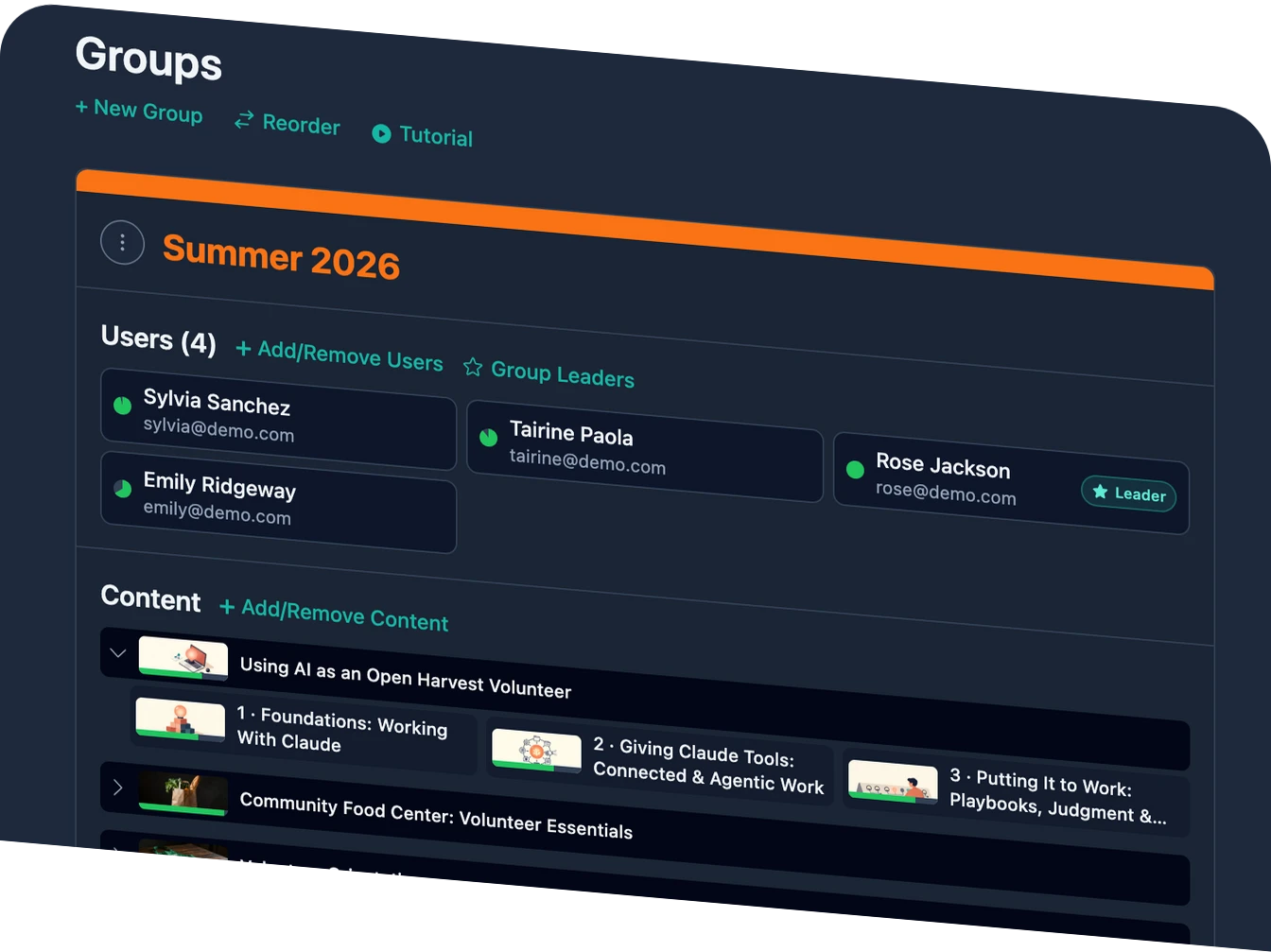 The Groups screen managing a “Summer 2026” volunteer cohort — member cards with a designated group Leader, plus the collections and modules assigned to the group.